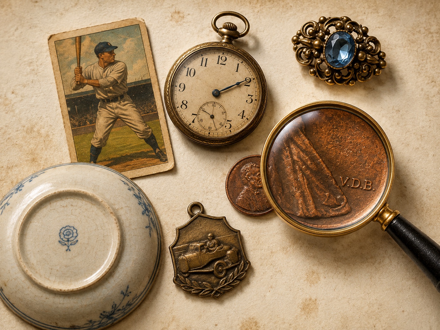 Tabletop of collectible objects inspected with a magnifier